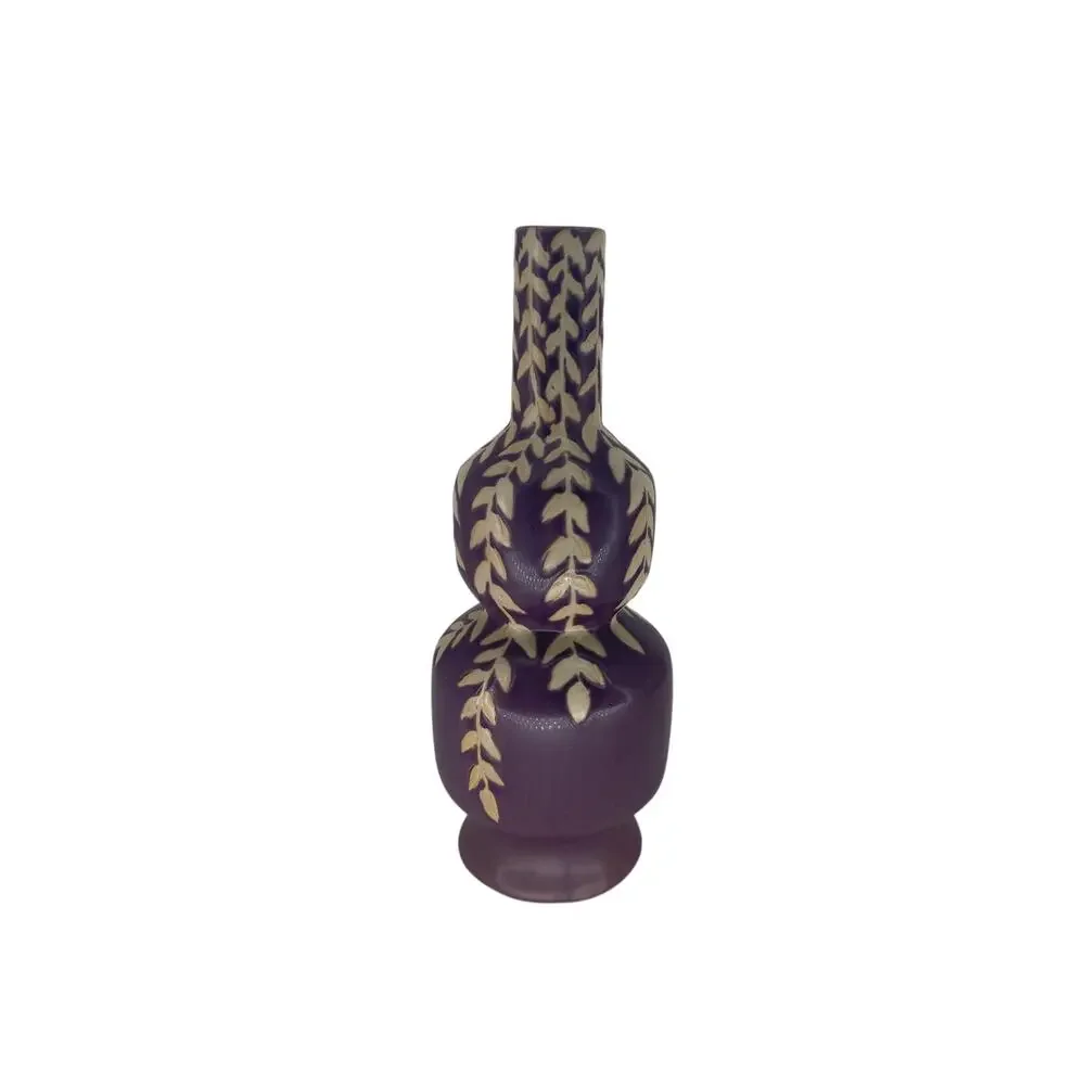Vintage Purple Art Pottery Vase Double Gourd Leaf Pattern Matte Glaze